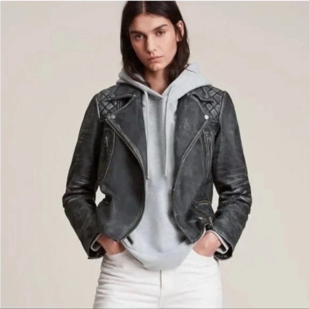 All Saints Cargo Leather Distressed Jacket
